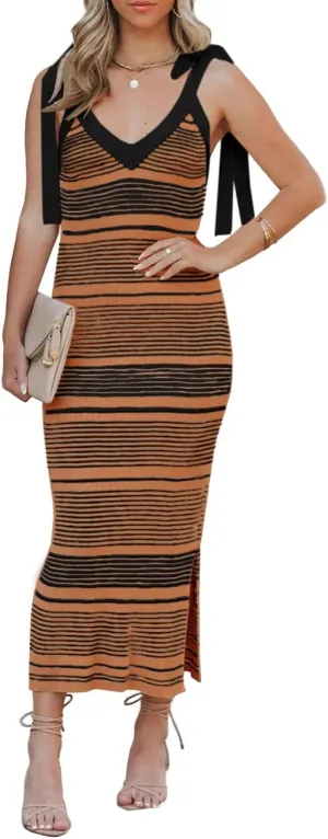 Saodimallsu Womens Summer Midi Bodycon Sweater Dress Sexy V Neck Tie Shoulder Striped Knit Side Slit Sleeveless Tank Dresses