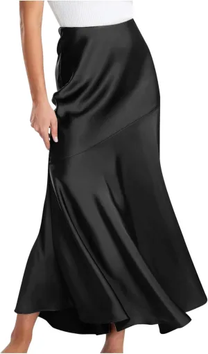 Satin Skirts for Women Trendy Elastic High Waisted Long Maxi Skirt Mermaid Hem Casual Formal Elegant Work Party Skirts