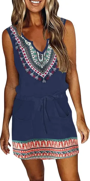 SAUKOLE Womens Sleeveless T Shirt Dresses 2025 Casual Cute Floral Print Short Dress Summer Fashion Front Pockets