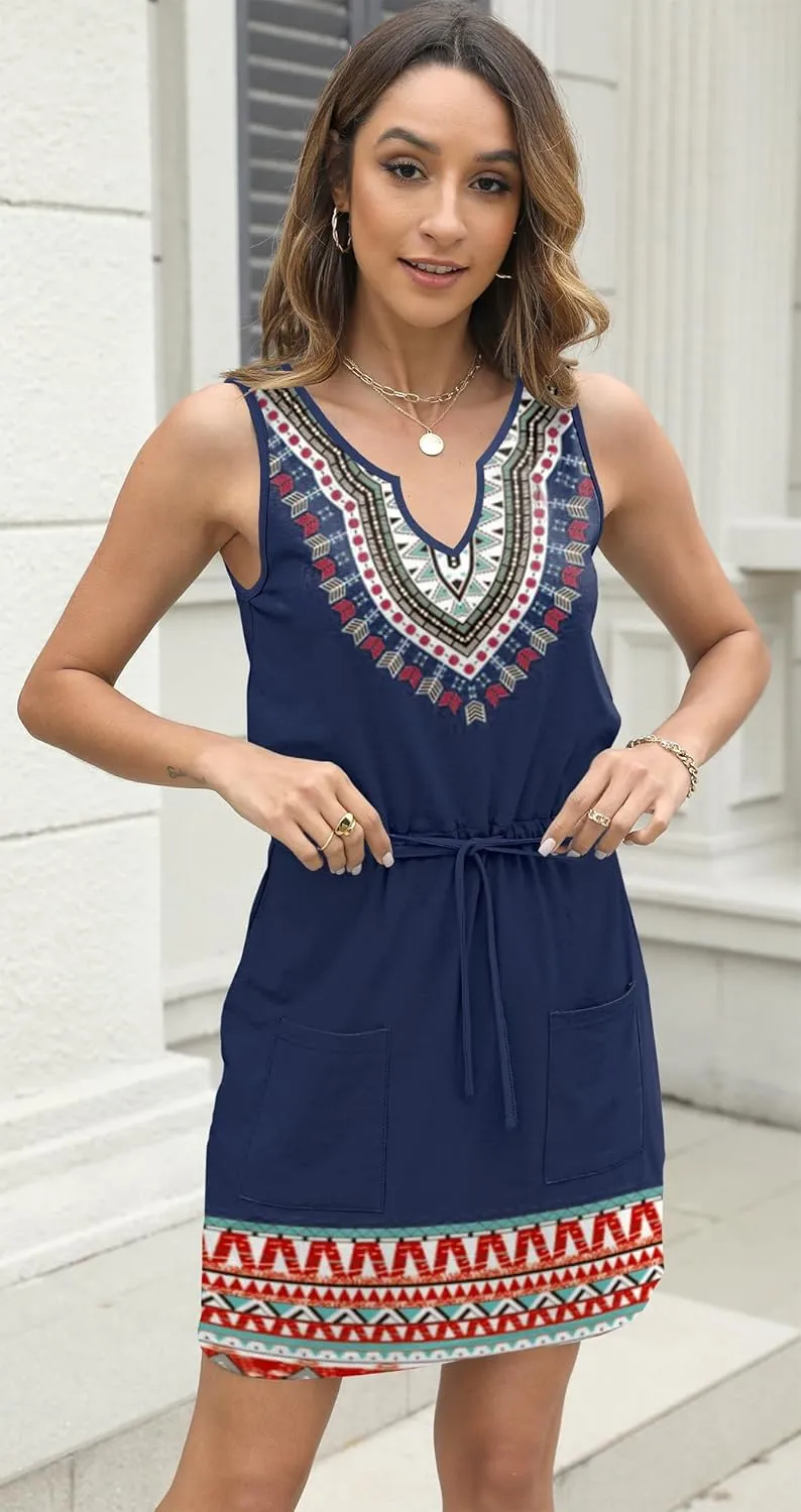 SAUKOLE Womens Sleeveless T Shirt Dresses 2025 Casual Cute Floral Print Short Dress Summer Fashion Front Pockets
