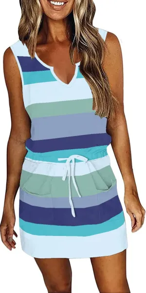 SAUKOLE Womens Sleeveless T Shirt Dresses 2025 Casual Cute Floral Print Short Dress Summer Fashion Front Pockets
