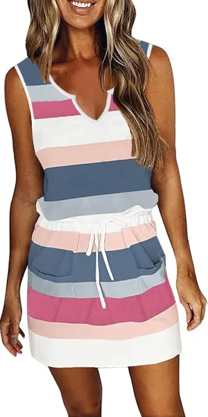 SAUKOLE Womens Sleeveless T Shirt Dresses 2025 Casual Cute Floral Print Short Dress Summer Fashion Front Pockets