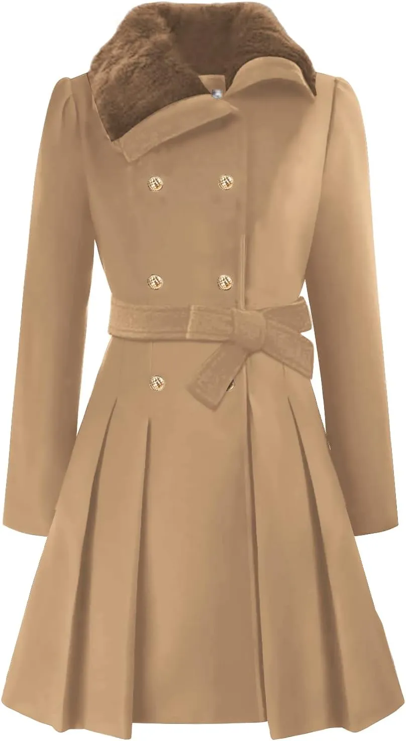 SAUKOLE Women's Winter Wool Trench Coat Wrap Large Collar High Low Jacket Outwear with Belt
