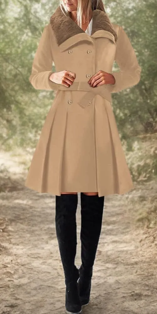 SAUKOLE Women's Winter Wool Trench Coat Wrap Large Collar High Low Jacket Outwear with Belt