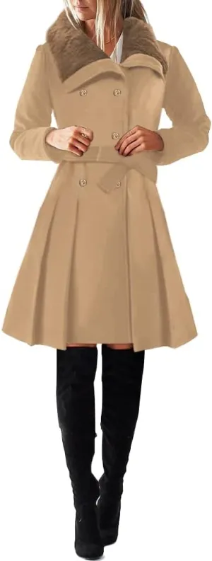 SAUKOLE Women's Winter Wool Trench Coat Wrap Large Collar High Low Jacket Outwear with Belt