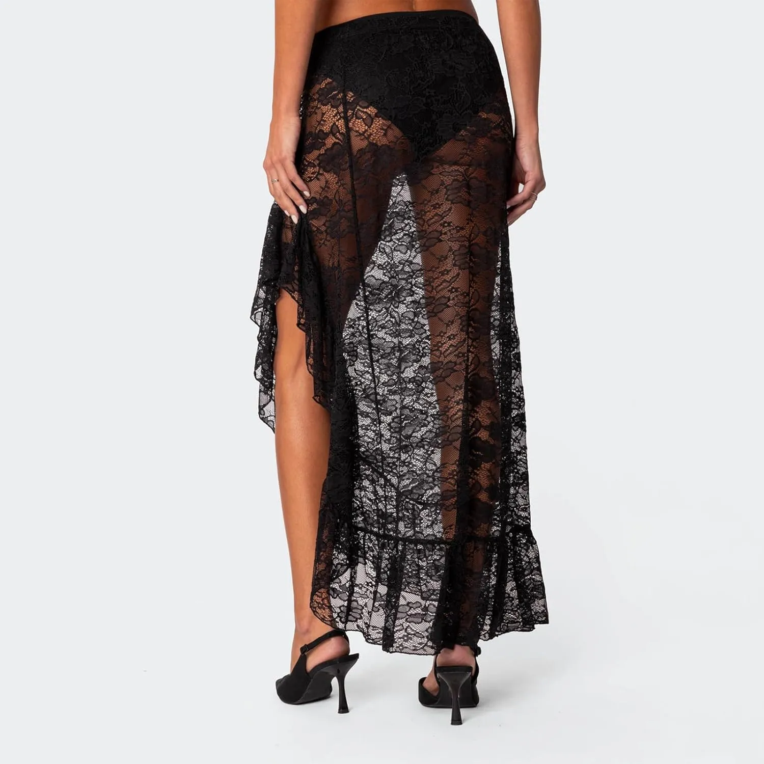 Sexy Sheer Lace Long Skirts for Women Vintage Floral High Waisted Ruffle Asymmetrical Hem A Line Flowy Maxi Skirt