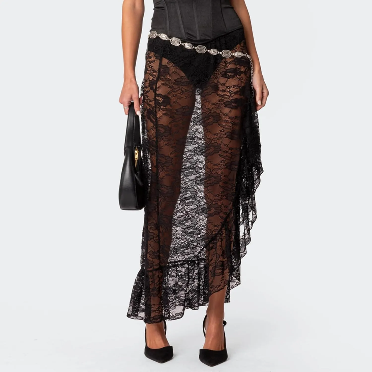 Sexy Sheer Lace Long Skirts for Women Vintage Floral High Waisted Ruffle Asymmetrical Hem A Line Flowy Maxi Skirt