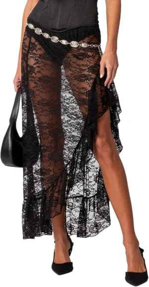 Sexy Sheer Lace Long Skirts for Women Vintage Floral High Waisted Ruffle Asymmetrical Hem A Line Flowy Maxi Skirt