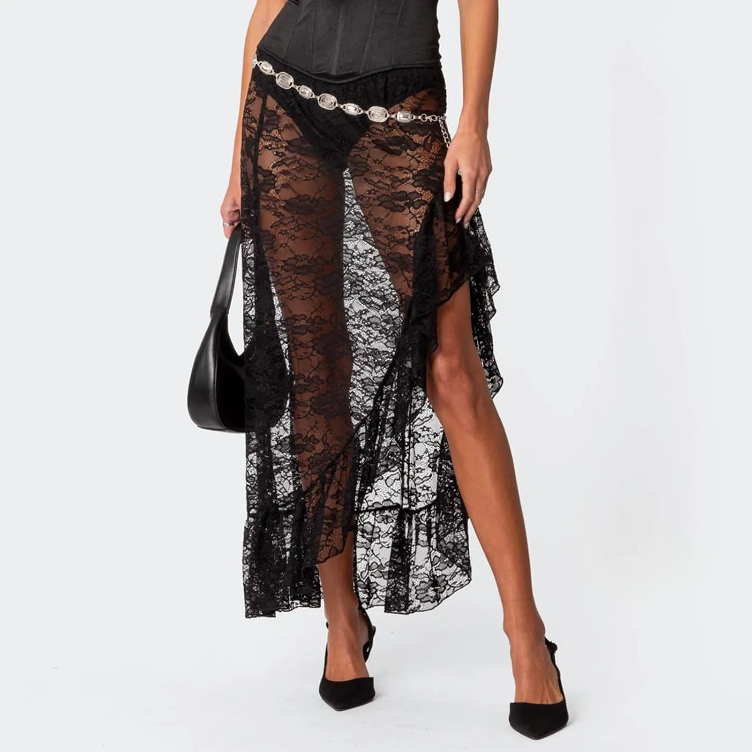 Sexy Sheer Lace Long Skirts for Women Vintage Floral High Waisted Ruffle Asymmetrical Hem A Line Flowy Maxi Skirt