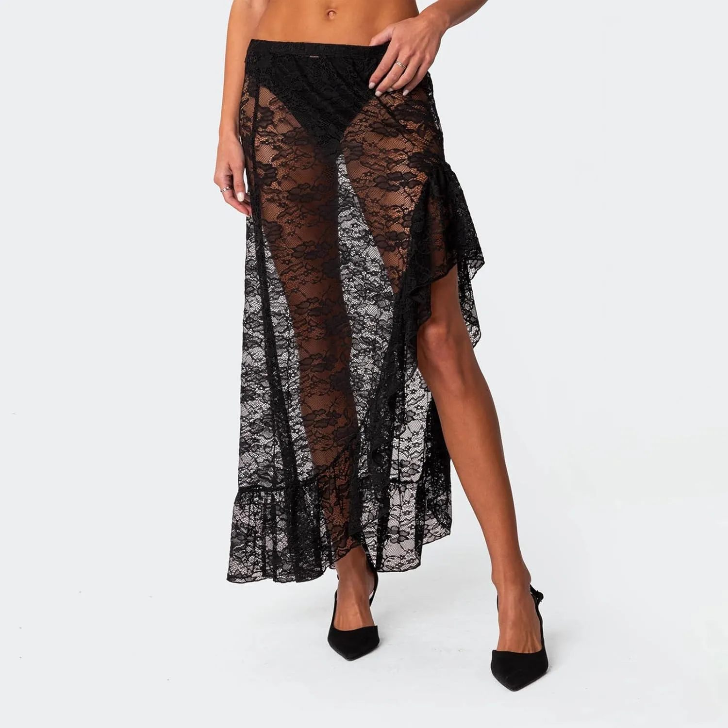 Sexy Sheer Lace Long Skirts for Women Vintage Floral High Waisted Ruffle Asymmetrical Hem A Line Flowy Maxi Skirt
