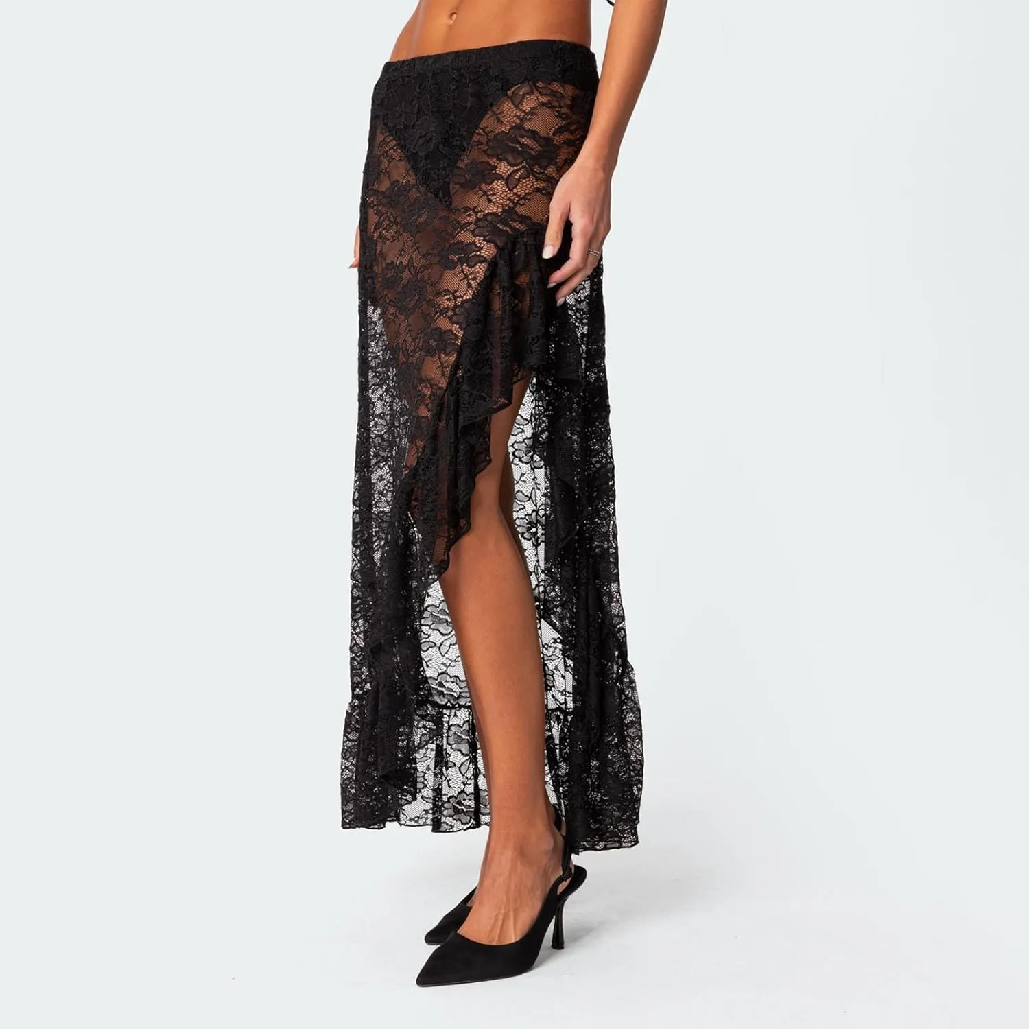Sexy Sheer Lace Long Skirts for Women Vintage Floral High Waisted Ruffle Asymmetrical Hem A Line Flowy Maxi Skirt