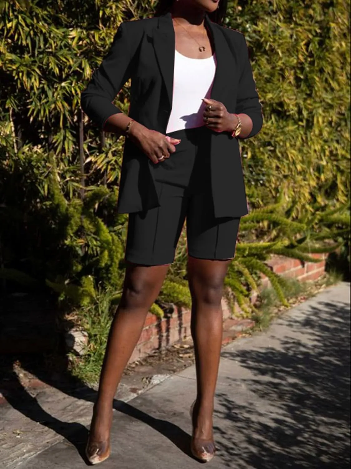 SHINFY Women's Blazer Sets 2 Piece Outfits Lapels Jacket High Waisted Shorts Work Business Suits