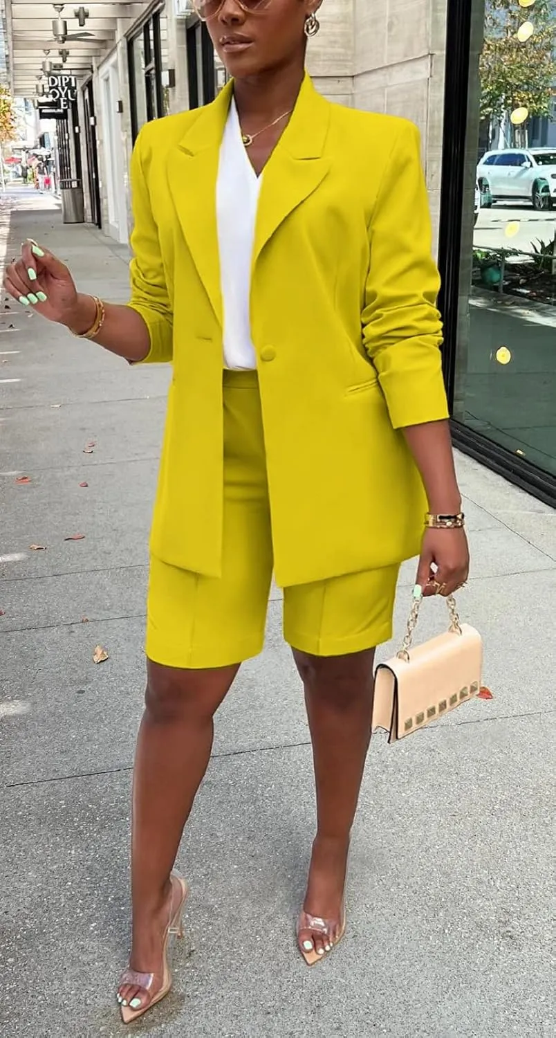 SHINFY Women's Blazer Sets 2 Piece Outfits Lapels Jacket High Waisted Shorts Work Business Suits