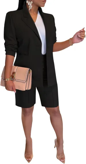 SHINFY Women's Blazer Sets 2 Piece Outfits Lapels Jacket High Waisted Shorts Work Business Suits