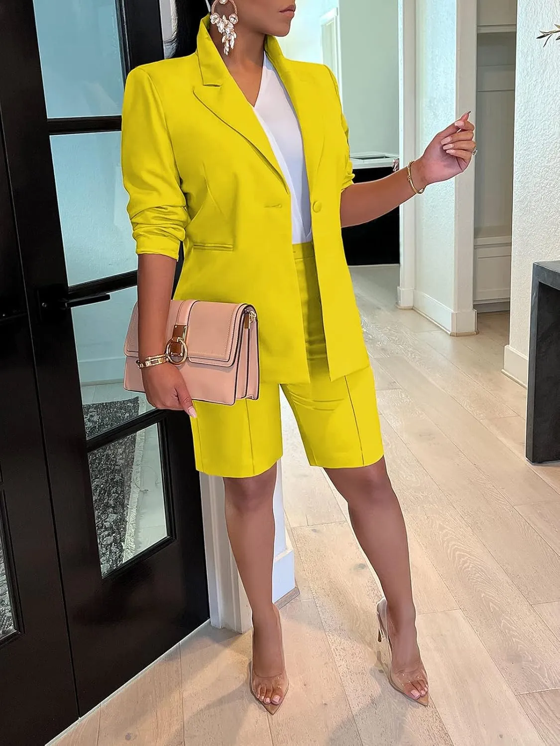 SHINFY Women's Blazer Sets 2 Piece Outfits Lapels Jacket High Waisted Shorts Work Business Suits