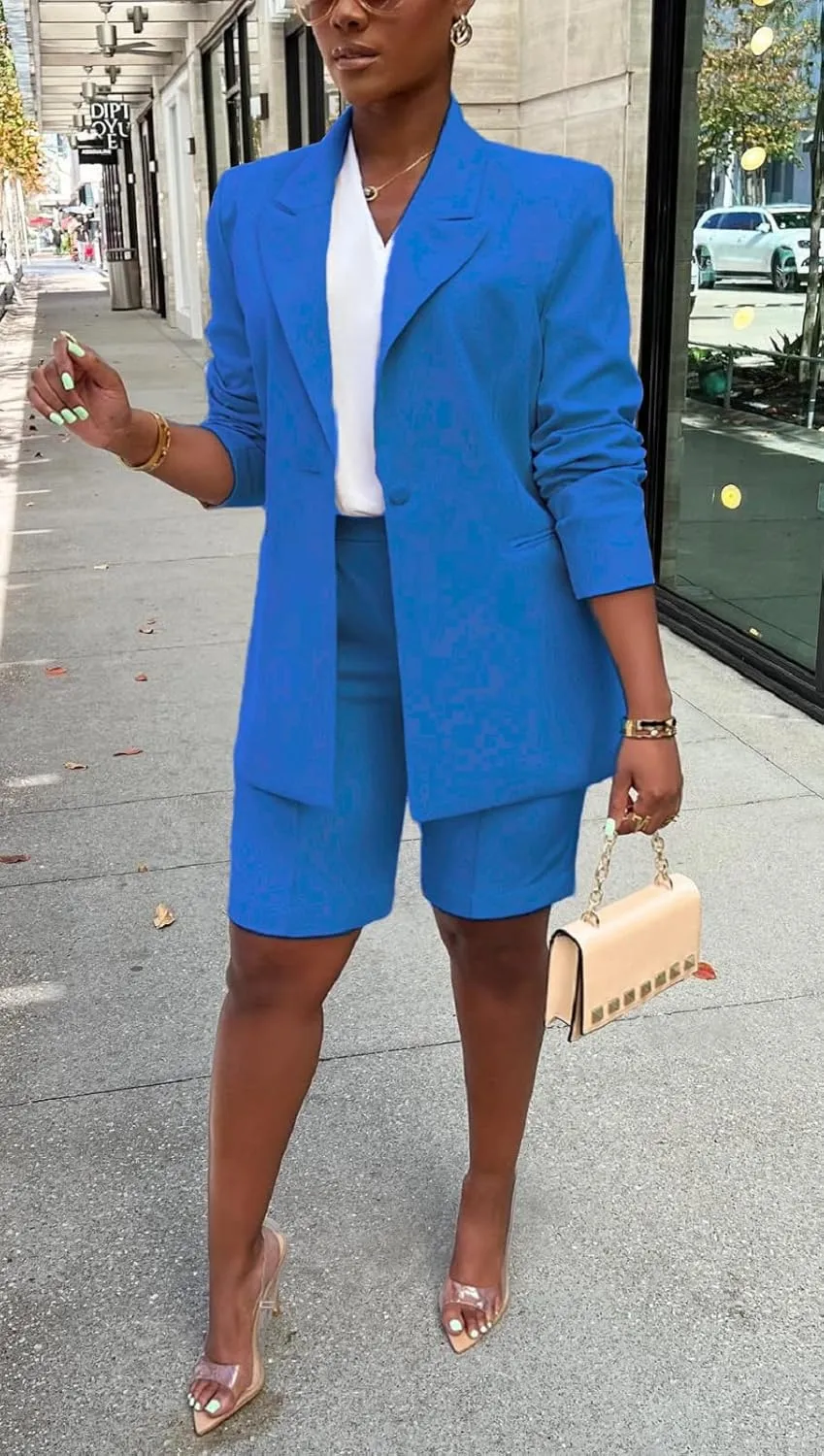 SHINFY Women's Blazer Sets 2 Piece Outfits Lapels Jacket High Waisted Shorts Work Business Suits