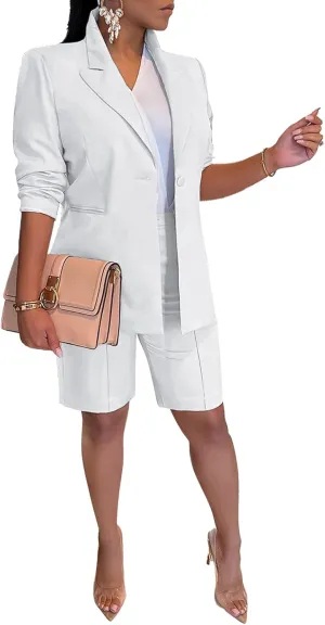SHINFY Women's Blazer Sets 2 Piece Outfits Lapels Jacket High Waisted Shorts Work Business Suits