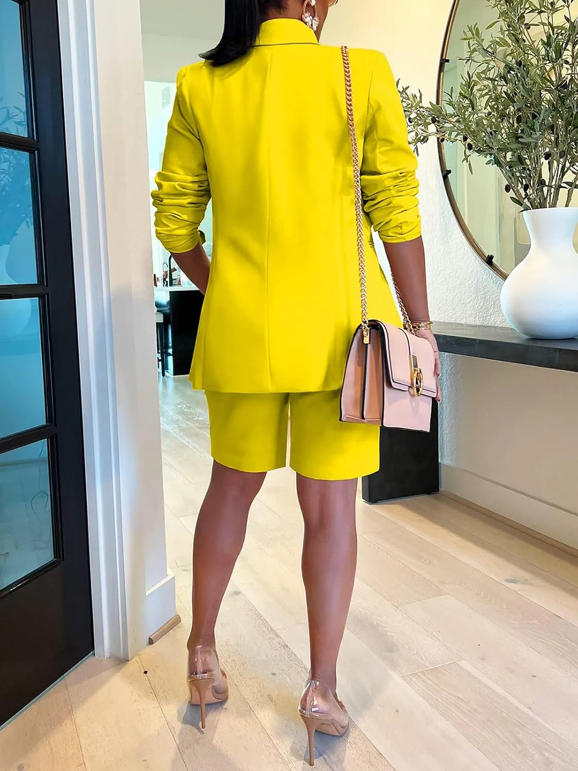 SHINFY Women's Blazer Sets 2 Piece Outfits Lapels Jacket High Waisted Shorts Work Business Suits