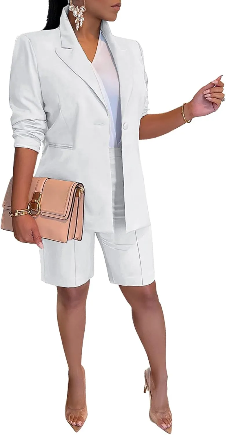 SHINFY Women's Blazer Sets 2 Piece Outfits Lapels Jacket High Waisted Shorts Work Business Suits