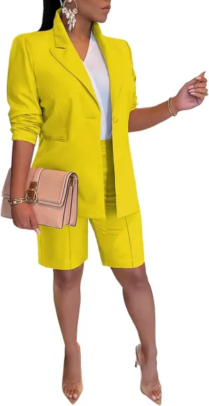 SHINFY Women's Blazer Sets 2 Piece Outfits Lapels Jacket High Waisted Shorts Work Business Suits