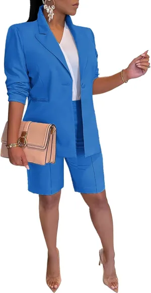 SHINFY Women's Blazer Sets 2 Piece Outfits Lapels Jacket High Waisted Shorts Work Business Suits