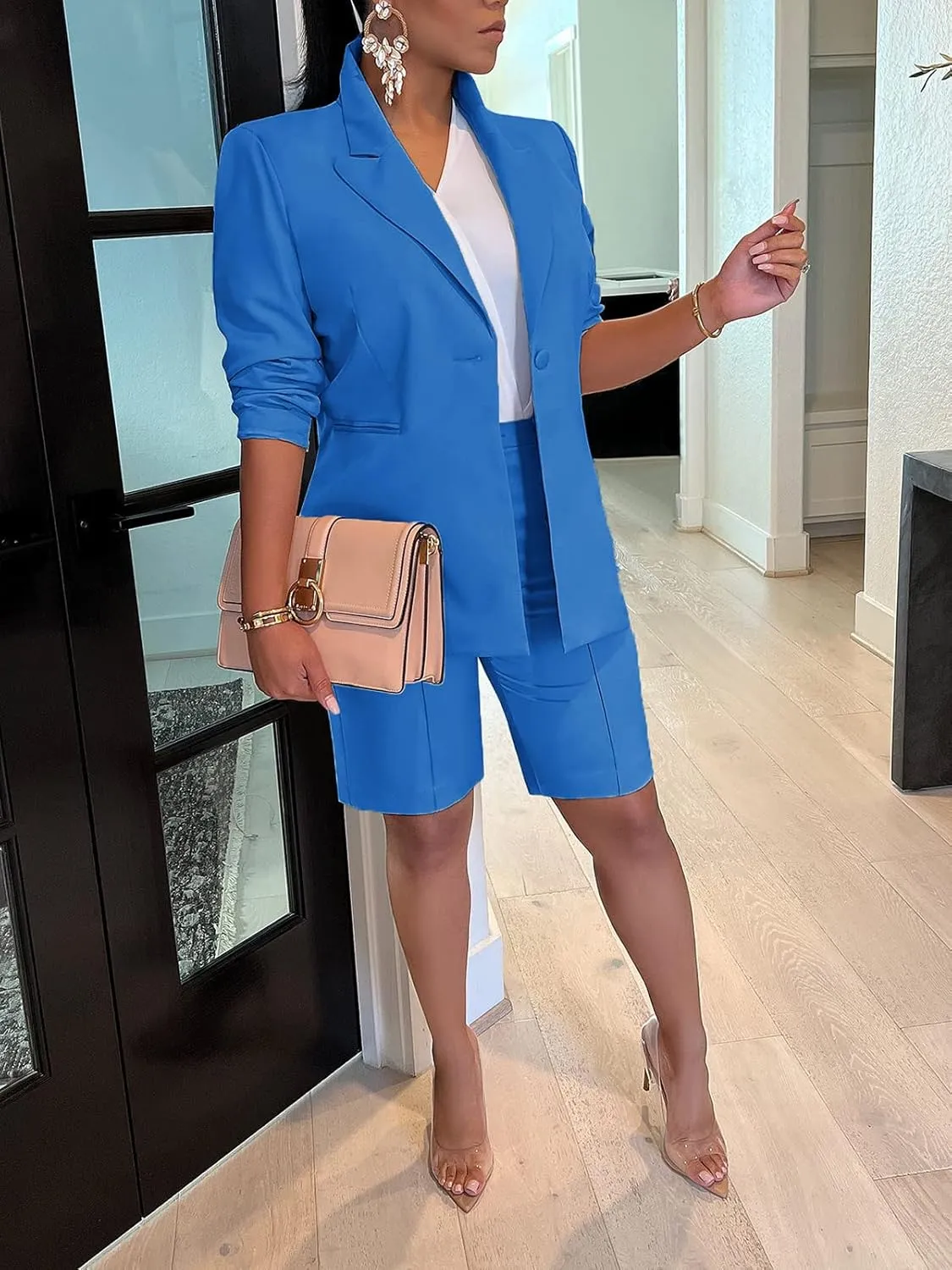 SHINFY Women's Blazer Sets 2 Piece Outfits Lapels Jacket High Waisted Shorts Work Business Suits