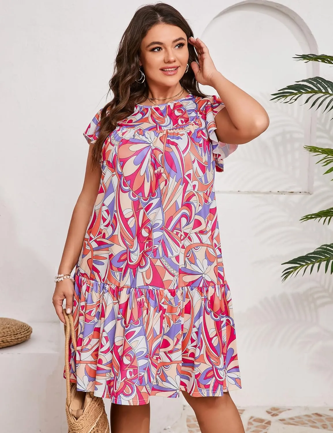 ShopWonder Womens Plus Size Dress Crew Neck Ruffle Sleeve Casual Swing Flowy Tiered Midi T Shirt Dresses with Pockets