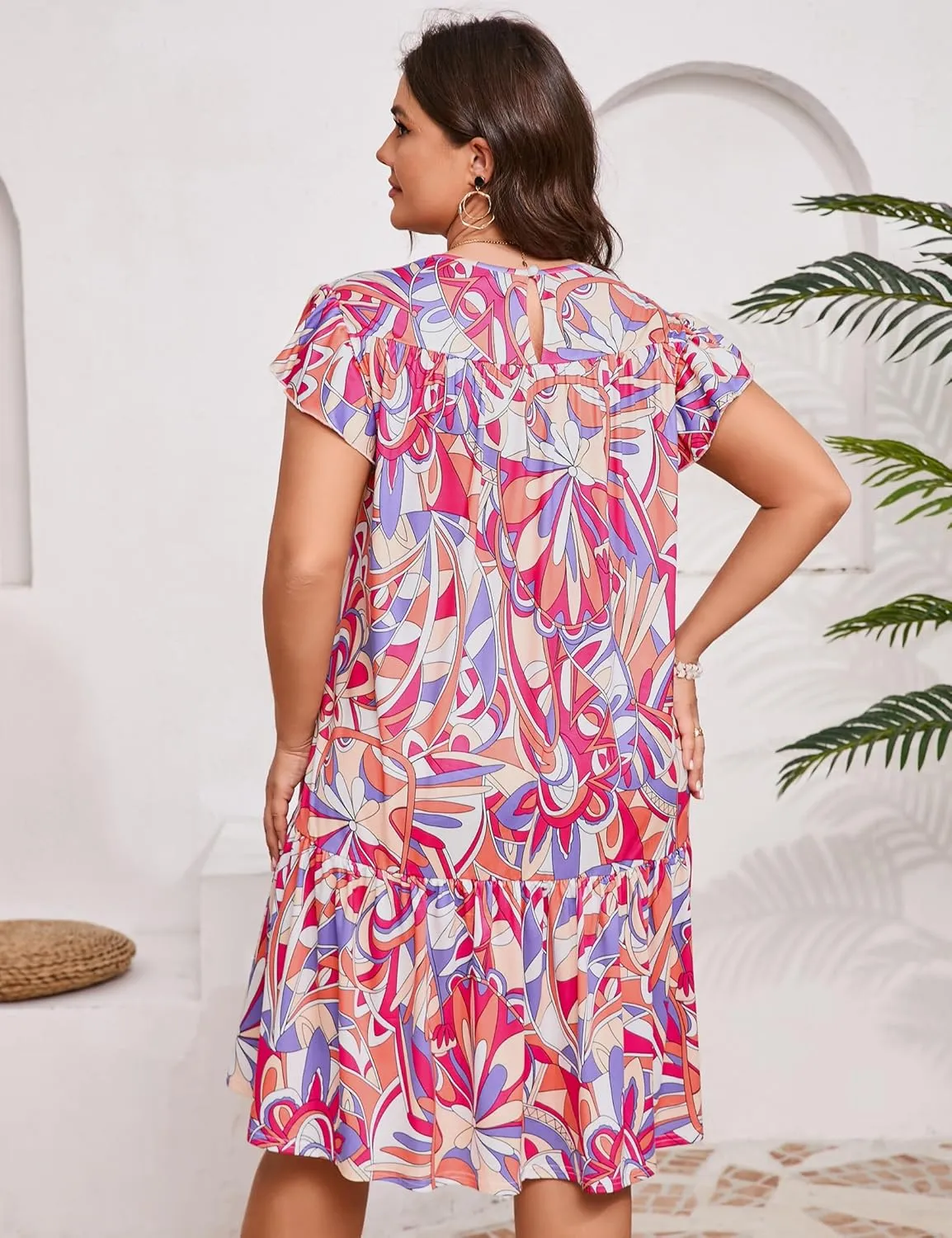 ShopWonder Womens Plus Size Dress Crew Neck Ruffle Sleeve Casual Swing Flowy Tiered Midi T Shirt Dresses with Pockets