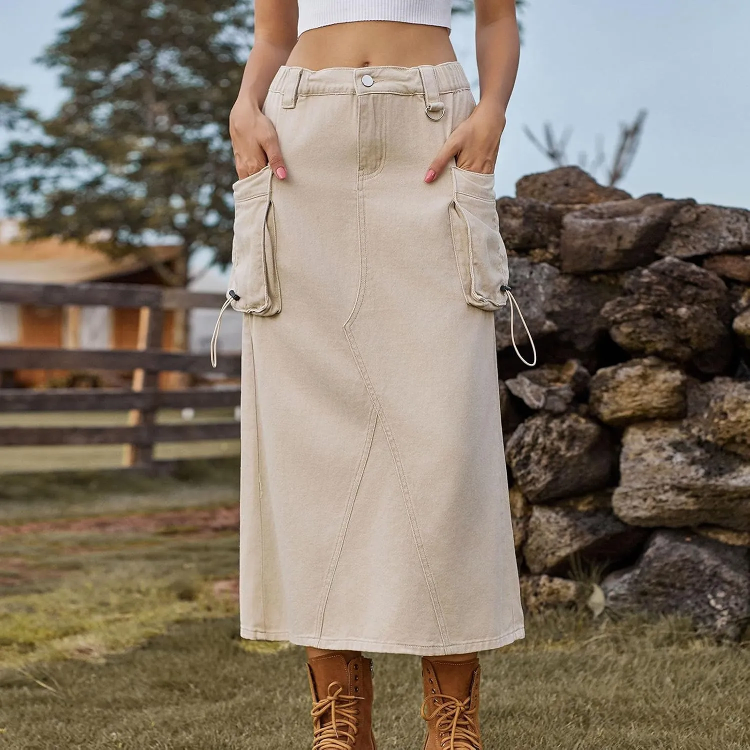 Skirts for Women Fall Winter Warm Straight Skirt High Waist Hip-Wrapped Skirt Casual Jean Cargo Skirts with Pocket