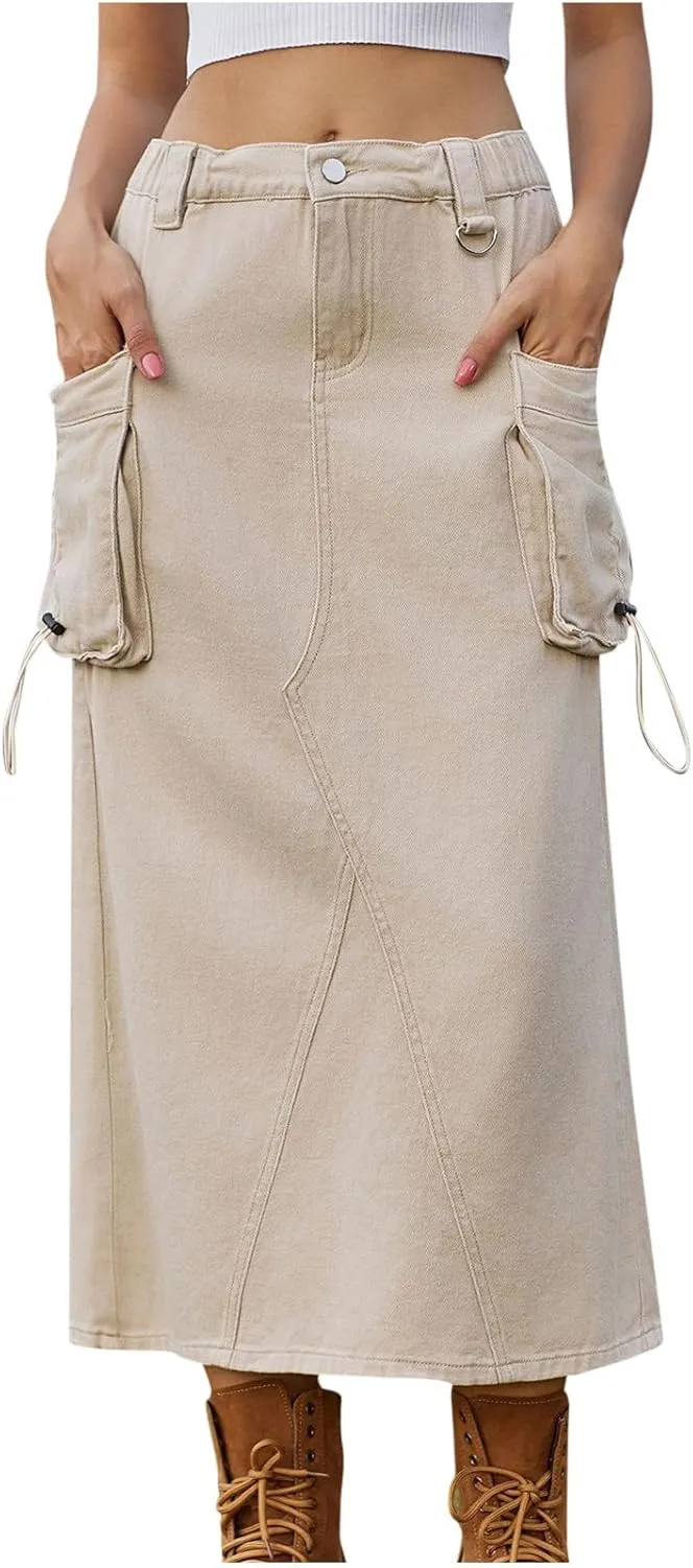 Skirts for Women Fall Winter Warm Straight Skirt High Waist Hip-Wrapped Skirt Casual Jean Cargo Skirts with Pocket
