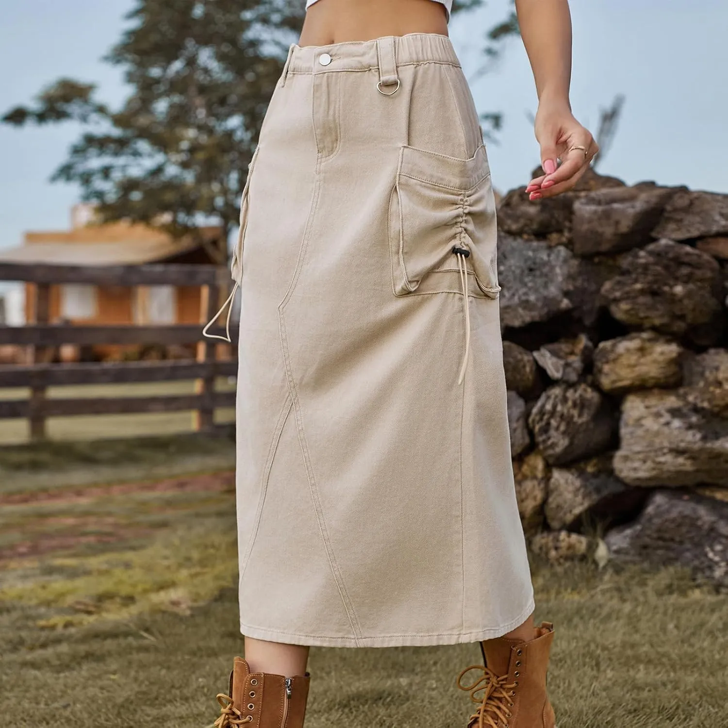 Skirts for Women Fall Winter Warm Straight Skirt High Waist Hip-Wrapped Skirt Casual Jean Cargo Skirts with Pocket