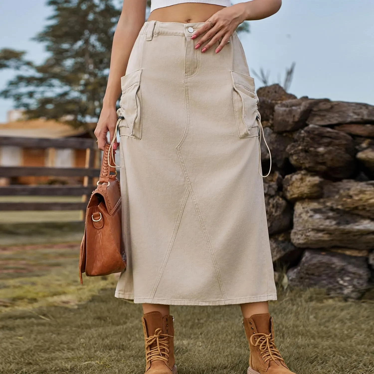 Skirts for Women Fall Winter Warm Straight Skirt High Waist Hip-Wrapped Skirt Casual Jean Cargo Skirts with Pocket