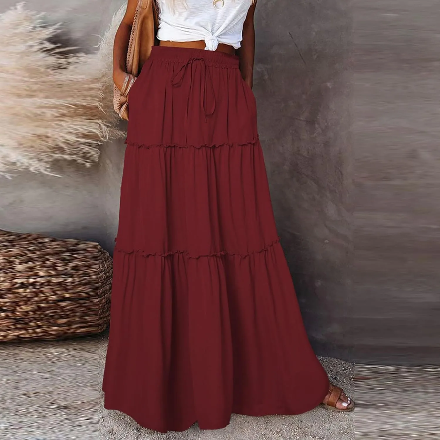 Skirts for Women,Womens Boho Maxi Skirt with Pockets Linen Flowy Long Skirts 2025 Elastic High Waisted Trendy