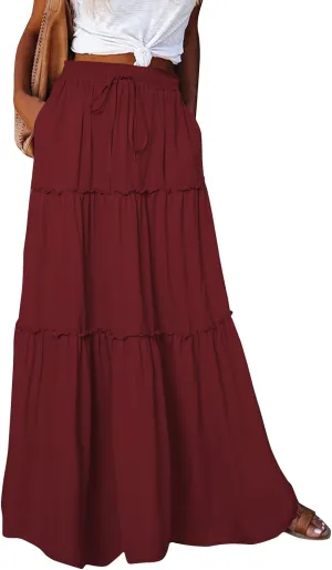 Skirts for Women,Womens Boho Maxi Skirt with Pockets Linen Flowy Long Skirts 2025 Elastic High Waisted Trendy