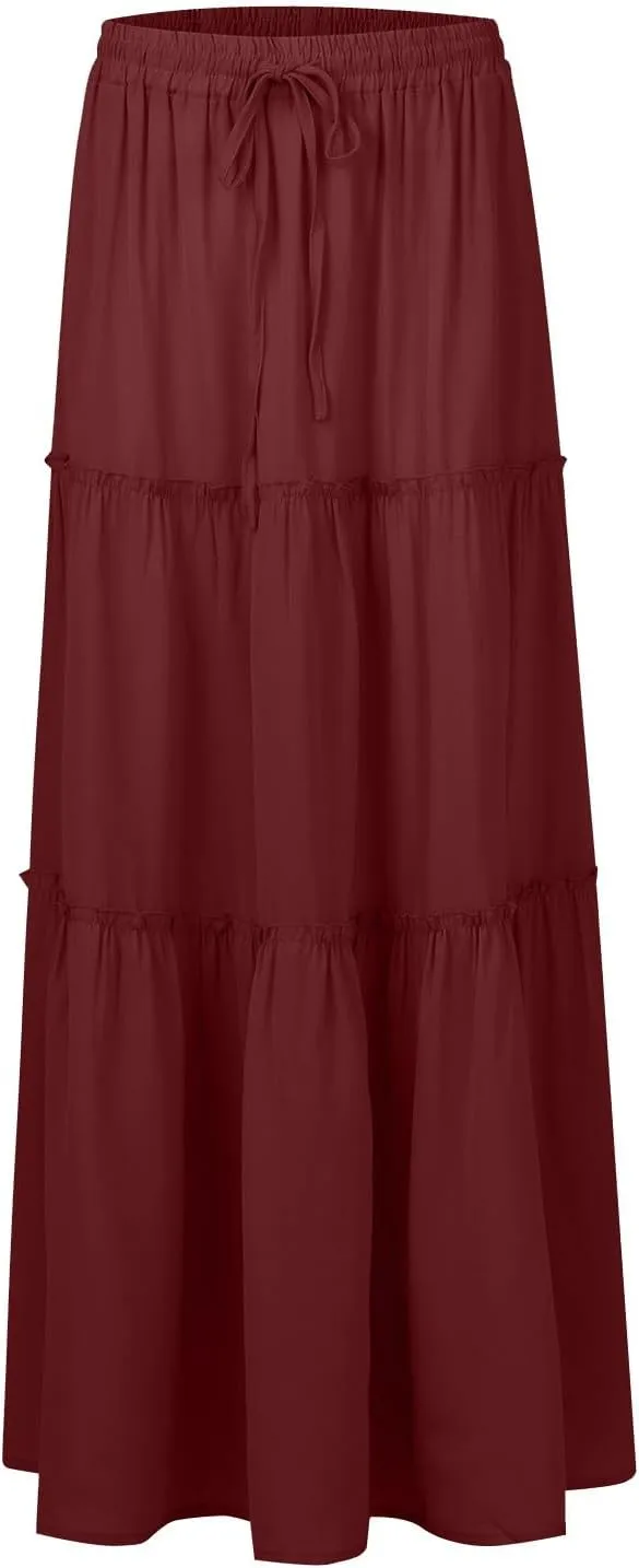 Skirts for Women,Womens Boho Maxi Skirt with Pockets Linen Flowy Long Skirts 2025 Elastic High Waisted Trendy