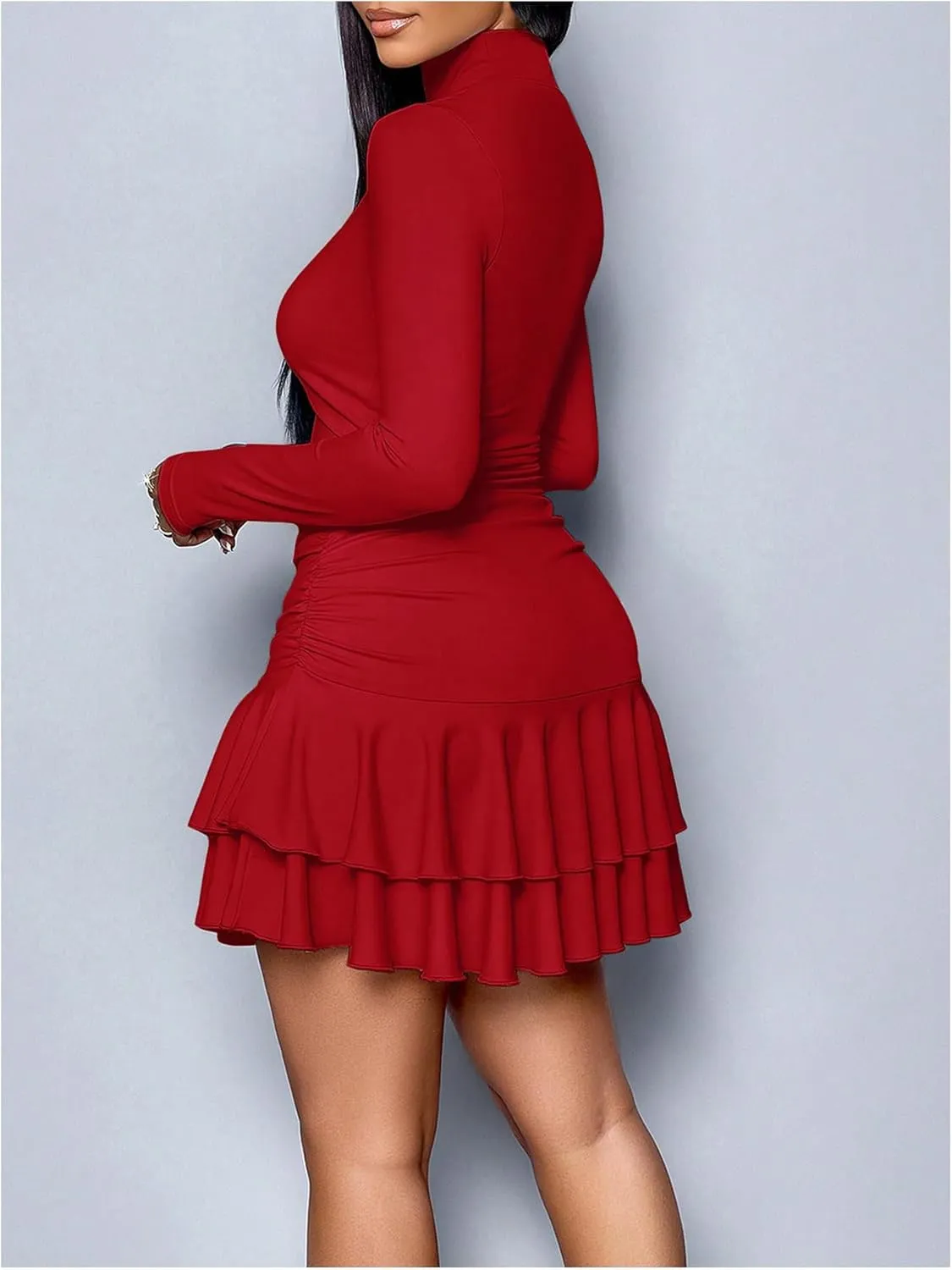 SOLY HUX Women's Mini Dress Mock Neck Long Sleeve Layered Ruffle Ruched Bodycon Party Dresses
