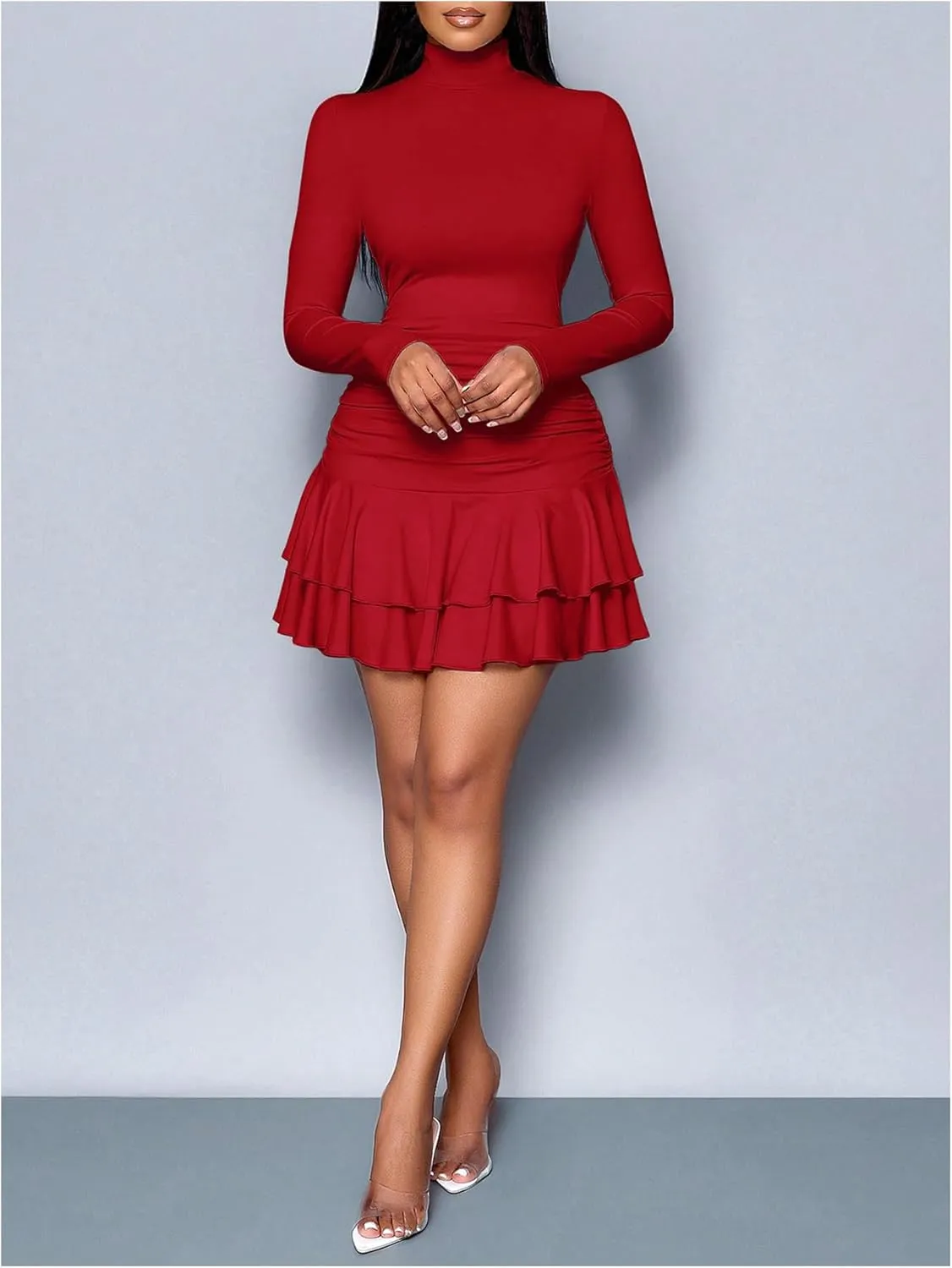 SOLY HUX Women's Mini Dress Mock Neck Long Sleeve Layered Ruffle Ruched Bodycon Party Dresses