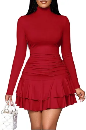 SOLY HUX Women's Mini Dress Mock Neck Long Sleeve Layered Ruffle Ruched Bodycon Party Dresses