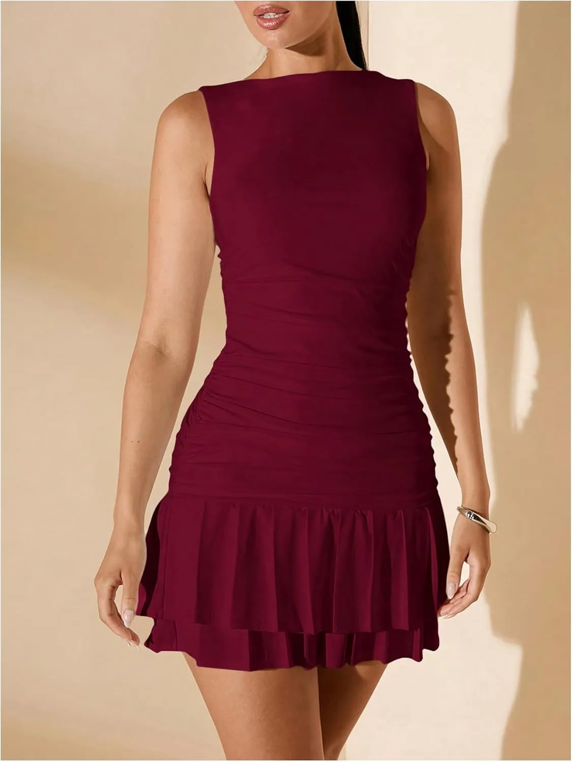 SOLY HUX Women's Sleeveless Ruched Layered Ruffle Hem Mini Dress Bodycon Dresses