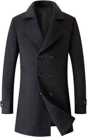 SOMTHRON Men's Casual Trench Coat Double Breasted Notched Lapel Peacoat Winter Mid Long Jacket Overcoat
