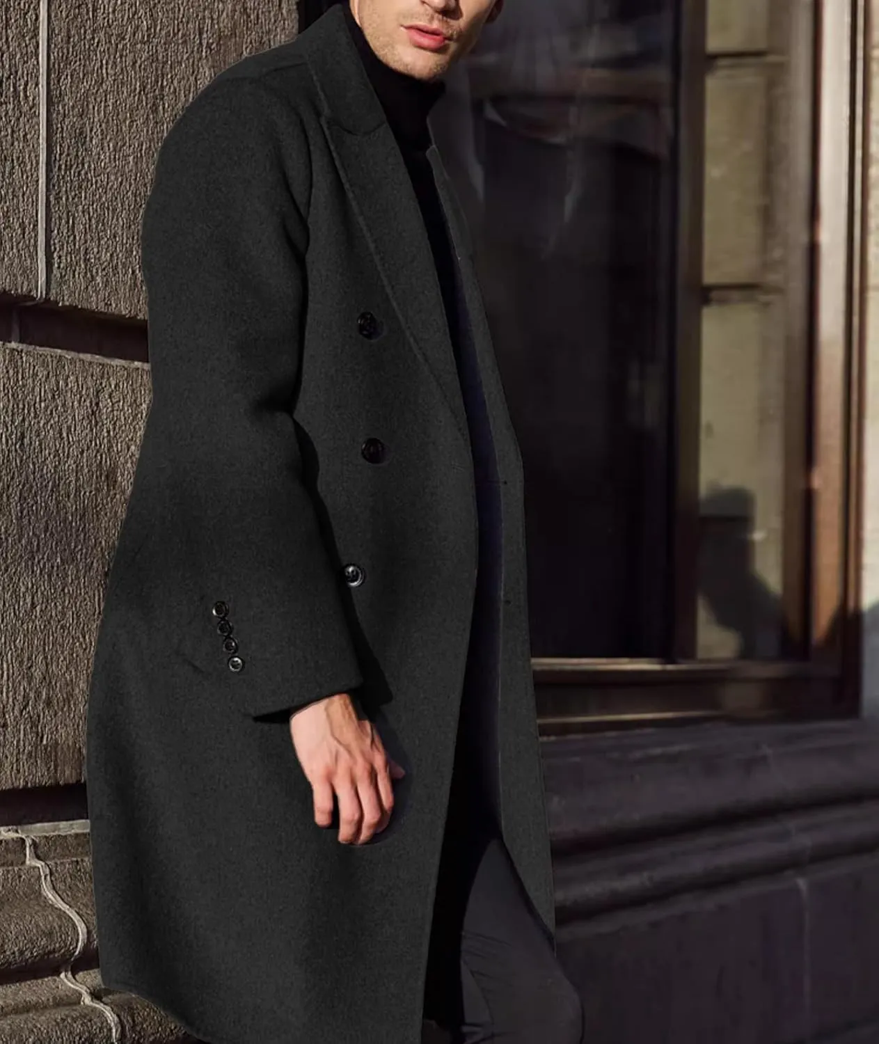 SOMTHRON Men's Casual Trench Coat Slim Fit Double Breasted Notched Collar Peacoat Winter Long Jacket Overcoat