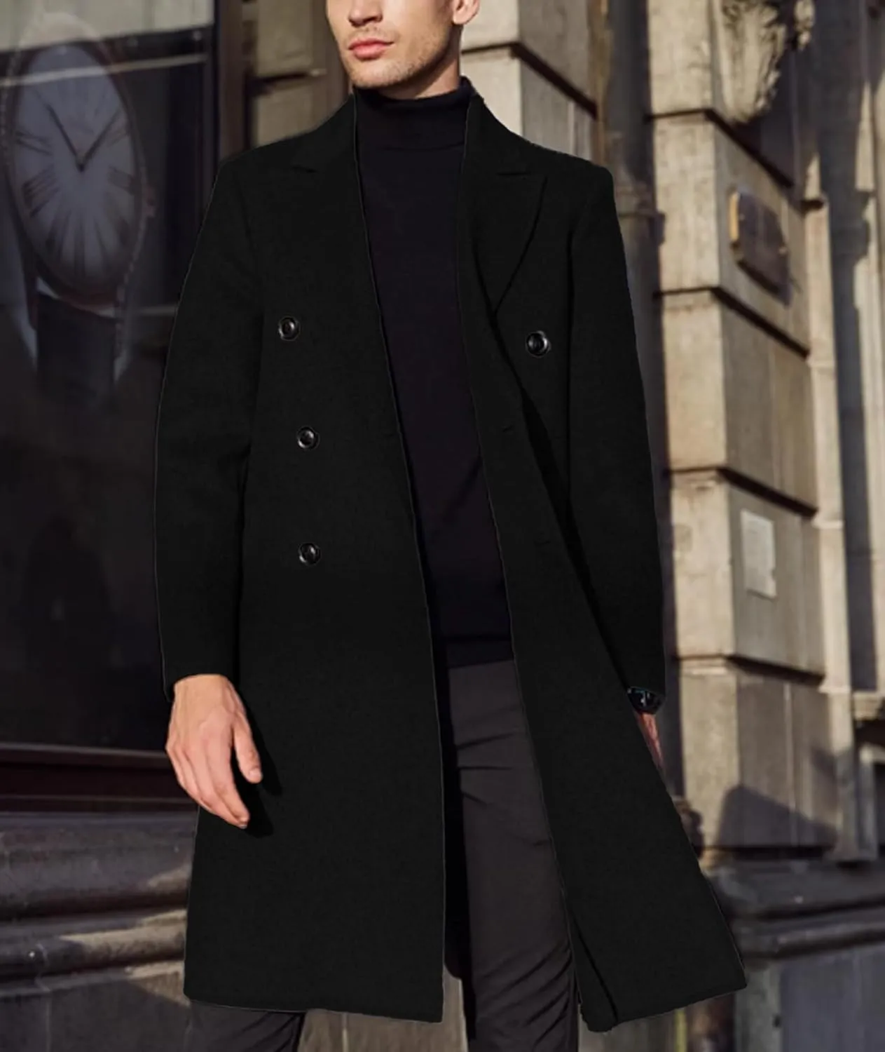 SOMTHRON Men's Casual Trench Coat Slim Fit Double Breasted Notched Collar Peacoat Winter Long Jacket Overcoat