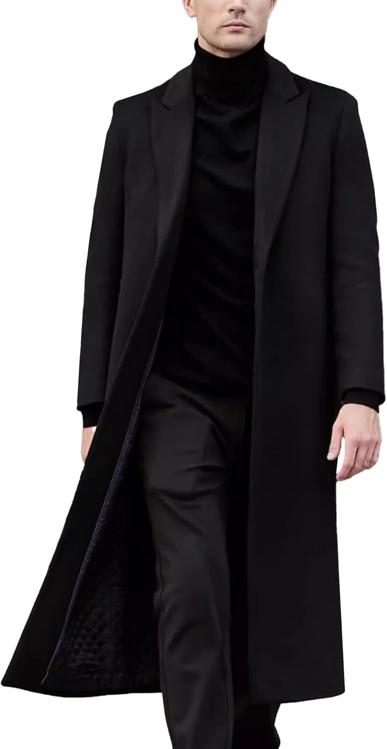 SOMTHRON Men's Winter Trench Coat Single Breasted Notched Lapel Peacoat Slim Fit Business Long Jacket Overcoat
