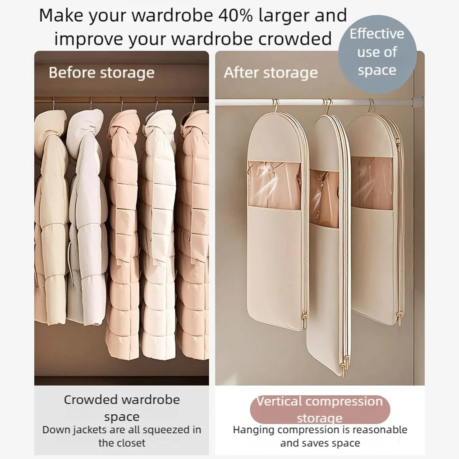 Space Saving Hanging Garment Bag with Self Compression ZipperWinter Clothing Down Jacket space-saving Garment BagIdeal for Storing Thick Clothess Garment Bags (Beige, Middle)