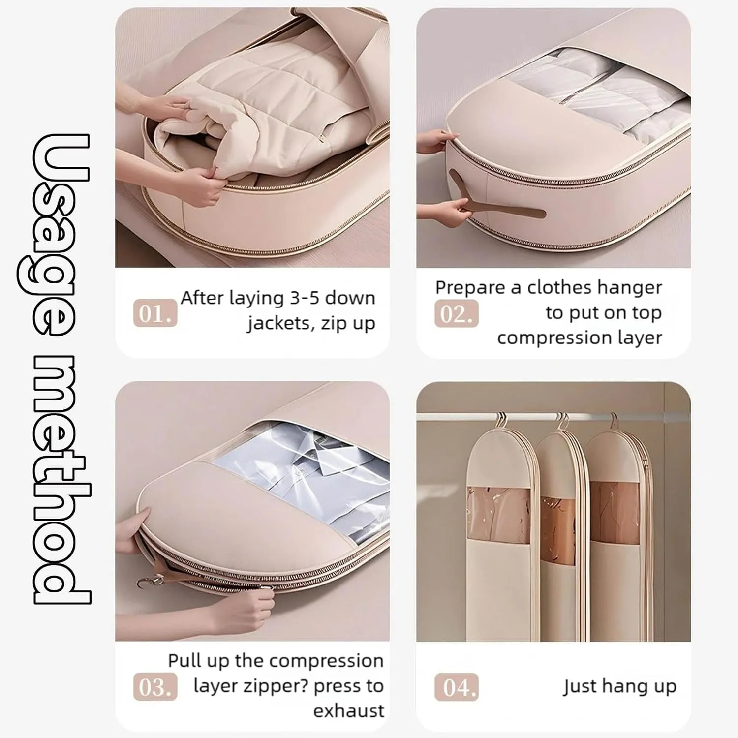 Space Saving Hanging Garment Bag with Self Compression ZipperWinter Clothing Down Jacket space-saving Garment BagIdeal for Storing Thick Clothess Garment Bags (Beige, Middle)
