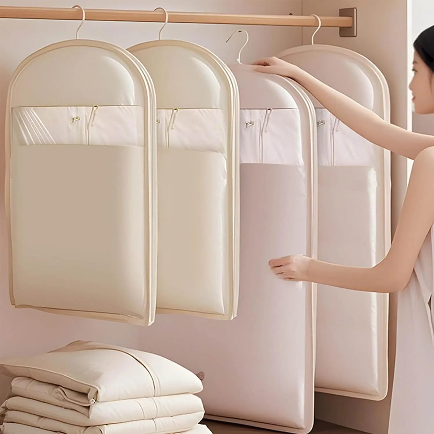 Space Saving Hanging Garment Bag with Self Compression ZipperWinter Clothing Down Jacket space-saving Garment BagIdeal for Storing Thick Clothess Garment Bags (Beige, Middle)