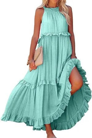 Spring Dresses for Women 2025, Women's Summer Sleeveless Halter Neck Ruffle Tiered Layed Flowy Swing Long Maxi Dress