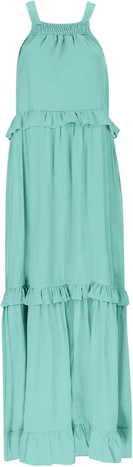 Spring Dresses for Women 2025, Women's Summer Sleeveless Halter Neck Ruffle Tiered Layed Flowy Swing Long Maxi Dress