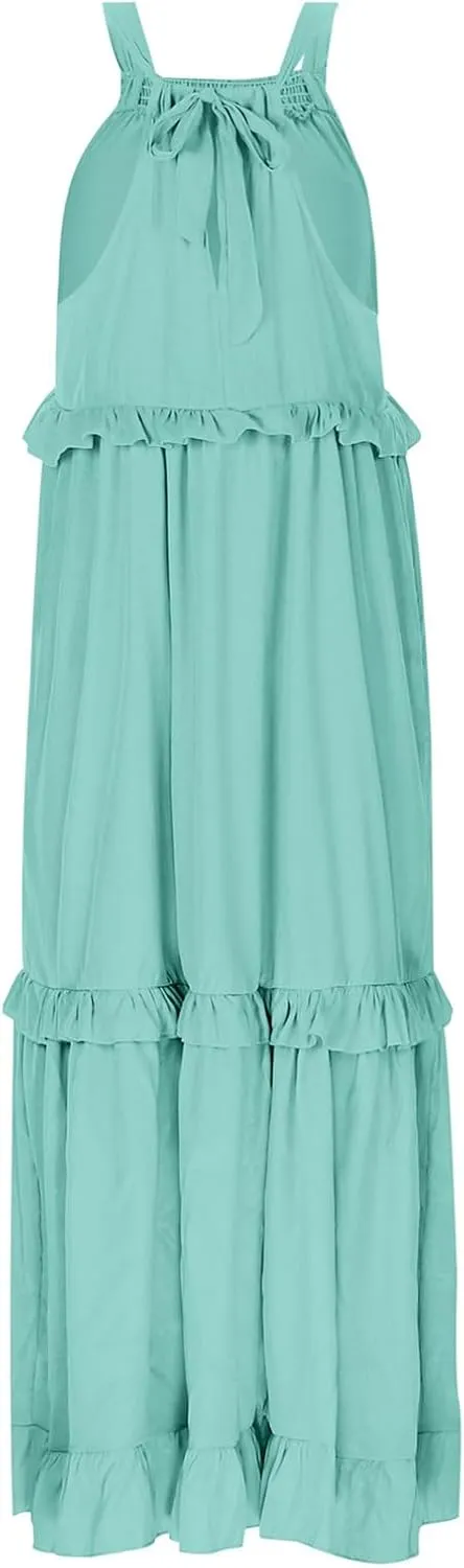 Spring Dresses for Women 2025, Women's Summer Sleeveless Halter Neck Ruffle Tiered Layed Flowy Swing Long Maxi Dress