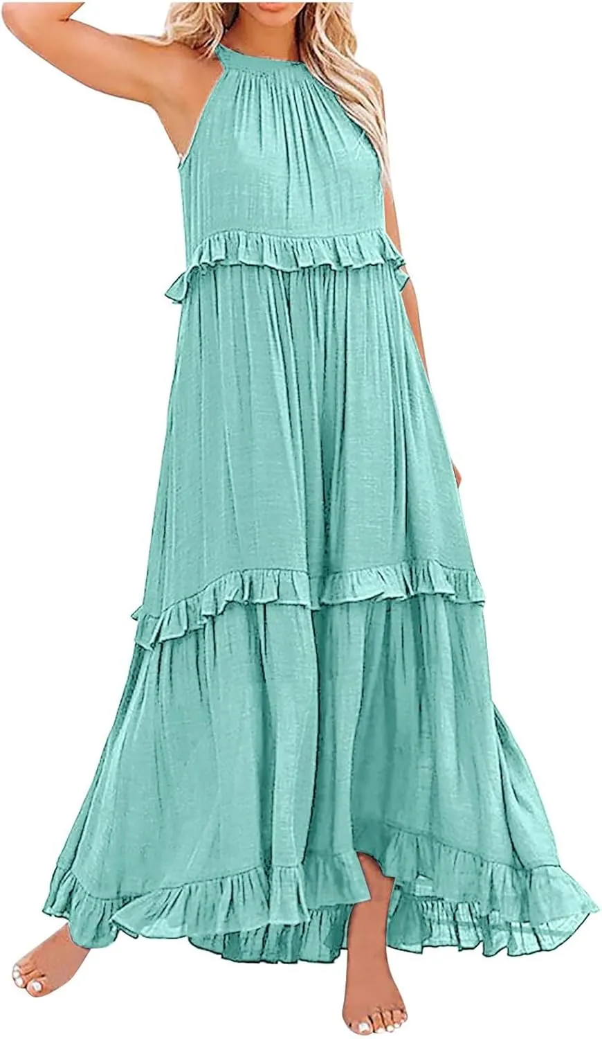Spring Dresses for Women 2025, Women's Summer Sleeveless Halter Neck Ruffle Tiered Layed Flowy Swing Long Maxi Dress